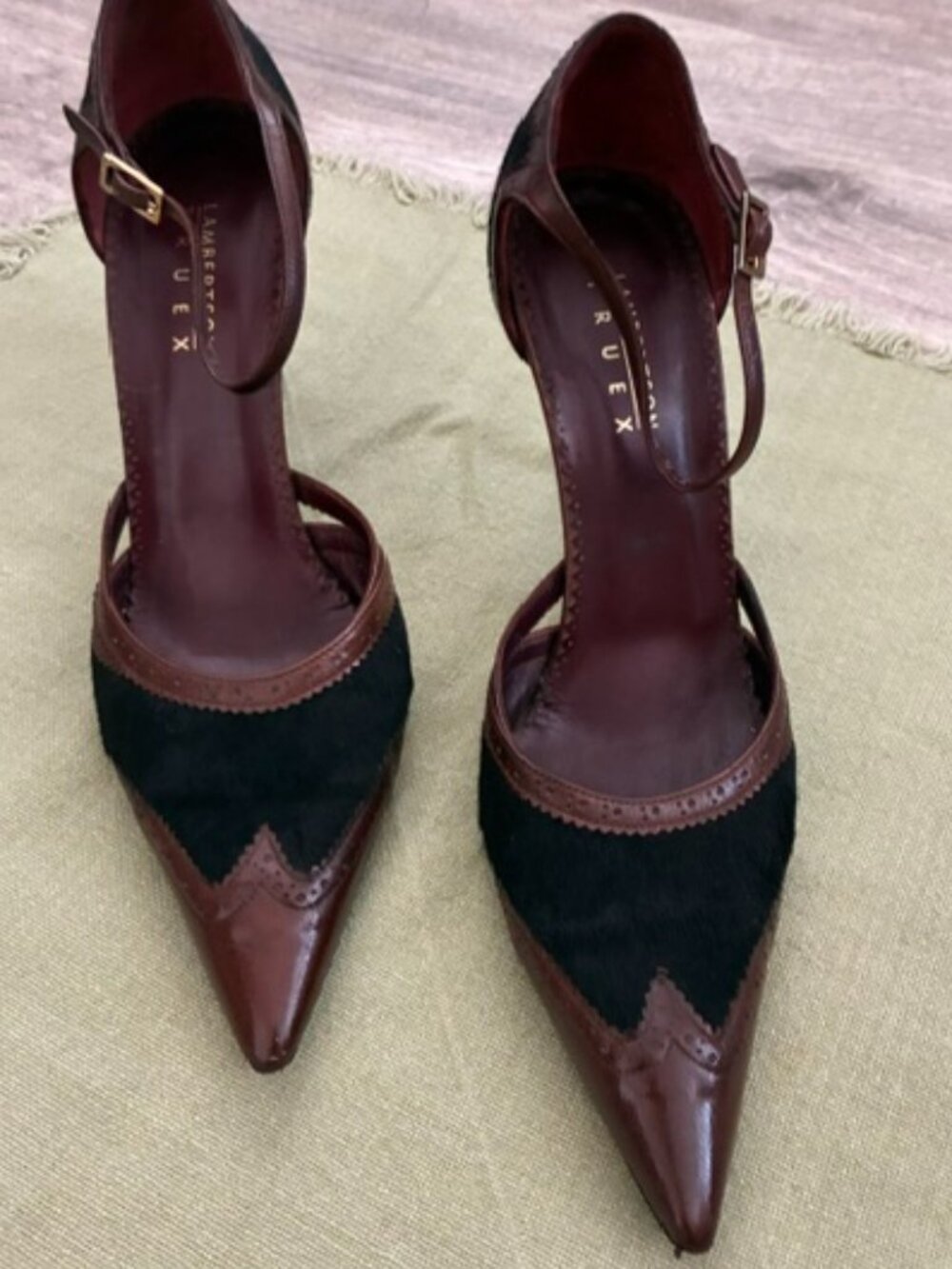 Lambertson Truex Chocolate Brown Leather Horsehair Ankle Strap Stilettos - RARE - Picture 1 of 7